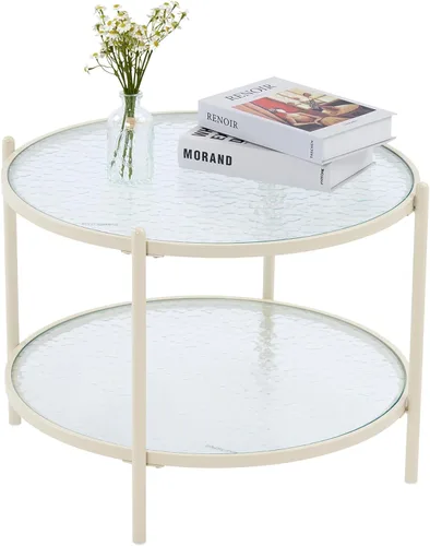 Miniatura 8 de VINGLI Mesa de Centro Redonda Pequeña de 25.6" Blanco Crema con Vidrio de Onda de Agua Círculo Transparente Mesa de Centro, Mesa Central con Diseño