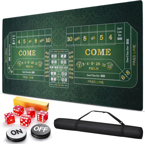Juego de alfombrillas de mesa de dados de 70 x 35 pulgadas con 5 dados de casino AAA de 0.748 in y botón de encendido y apagado para entretenimiento