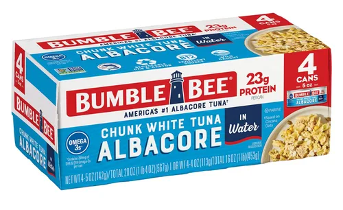 Bumble Bee Chunk White Albacore Atún en agua, latas de 5 onzas (paquete de 4) – Atún capturado silvestre – 0.04 onzas de proteína por porción –