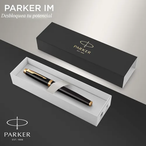 Miniatura 2 de Parker IM - Bolígrafo estilográfico, laca negra con borde dorado, punta fina, repuesto de tinta azul, elegante caja de regalo