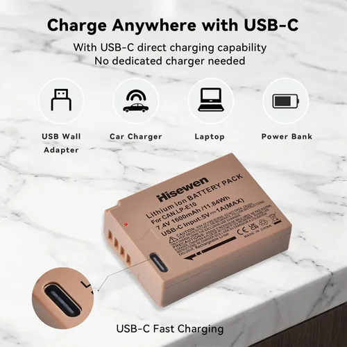 Miniatura 5 de LP-E10 Battery 2-Pack 1600mAh with USB-C Charging Port for Canon EOS Rebel T3, T5, T6, T7, T100, Kiss X50, Kiss X70, T100, EOS 1100D, 1200D, 1300D
