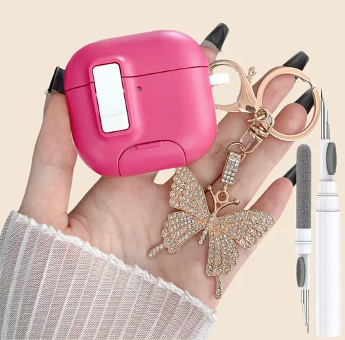 Miniatura 8 de Bonita funda rosa para Airpods de 4 generación con cerradura y llavero de mariposa brillante para mujeres femeninas, funda rígida transparente única