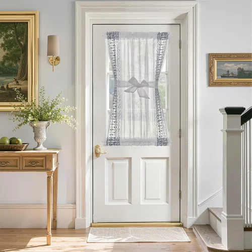 Miniatura 41 de jinchan Cortina de puerta francesa semitransparente con lazos de amarre, cortina de privacidad de gasa bordada floral para puerta de patio, armario