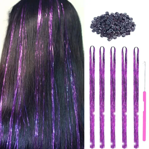 Miniatura 17 de Kit de oropel para el cabello, 18 colores de 48 pulgadas, extensiones de cabello de oropel de hadas resistentes al calor con herramientas, CC