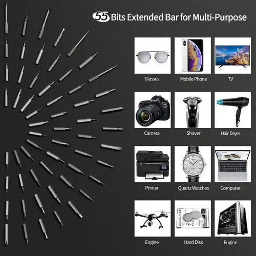 Miniatura 5 de Mini destornillador eléctrico - Juego de destornilladores de precisión inalámbricos pequeños de 3.7 V - 55 puntas de precisión y luz LED