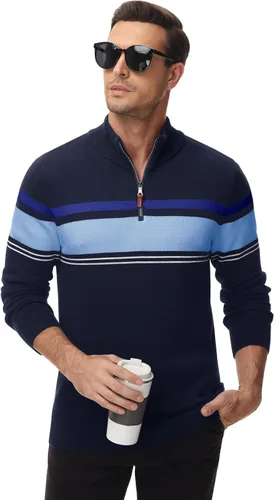 Miniatura 3 de MAGCOMSEN Suéteres de algodón con cremallera de 14 para hombre, suéter tipo polo, a rayas, para otoño e invierno, sudaderas cálidas