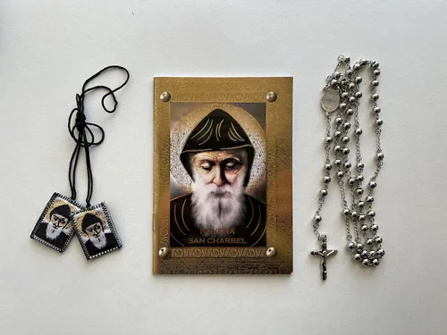 Miniatura 3 de Conjunto de San Charbel:"Novena San Charbel" Libro de Rezo, Rosario de Inoxidable y Estatua de San Charbel