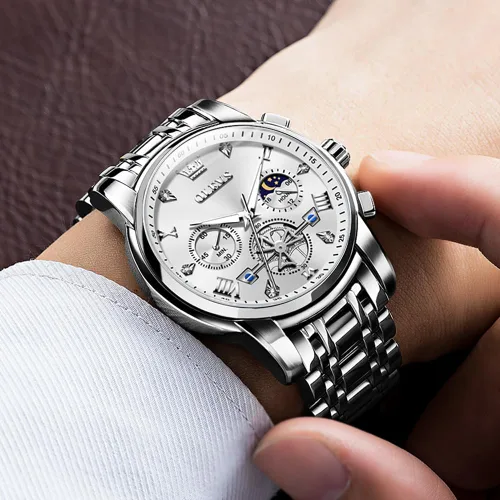 Miniatura 3 de OLEVS Relojes para hombre de plata, reloj de cronógrafo de acero inoxidable para hombre, reloj analógico de cuarzo de cara grande para hombre