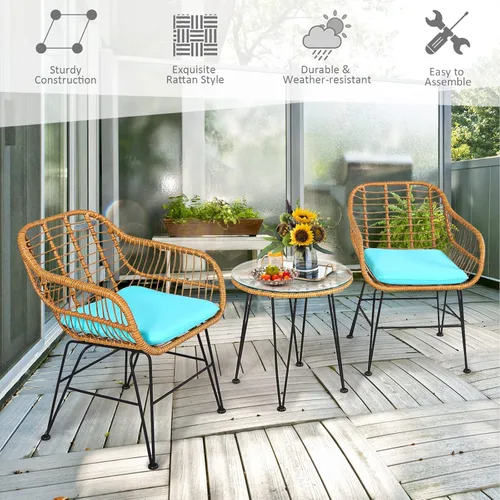 Miniatura 8 de KOTEK Juego de 3 piezas de patio bistró, juego de conversación de ratán para exteriores con mesa de centro de cristal y cojines de asiento, juego