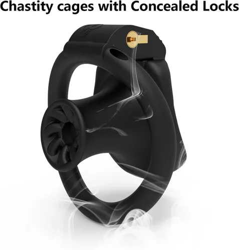 Miniatura 5 de Jaula hueca de castidad masculina con 4 tamaños de anillos, jaula de pene de bloqueo discreto para hombres, equipo SM Bondage para entrenamiento