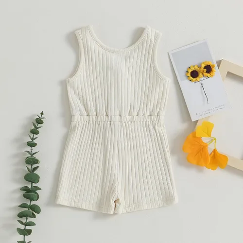 Miniatura 73 de Traje de verano para niña pequeña, de manga corta, acanalado, overol liso, pantalones cortos, ropa para recién nacidos