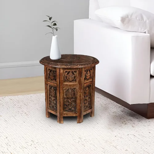 Miniatura 2 de Goroly Home Mesa auxiliar de madera, mesa auxiliar tradicional tallada a mano octogonal, espacios pequeños, entrada, granja, sala de estar, mesa
