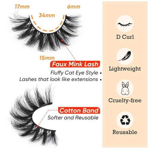 Miniatura 2 de Focipeysa Pestañas postizas de visón esponjosas con rizos en D, tiras de pestañas naturales, aspecto de extensiones, 17mm, pestañas de ojo de gato