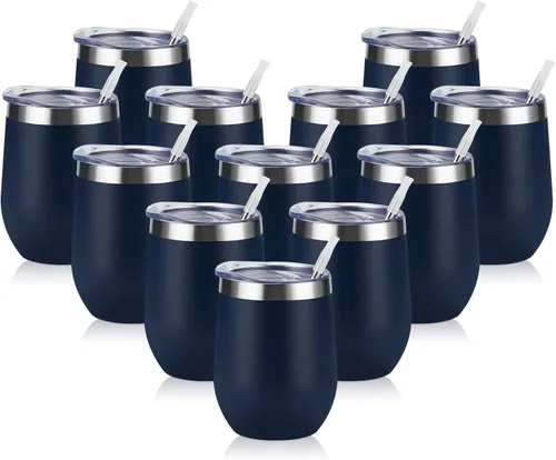 Miniatura 7 de 12 unidades de vasos de vino de acero inoxidable, 12 onzas, vasos de vino aislados de doble pared con tapas y popotes, vasos de vino de acero Azul