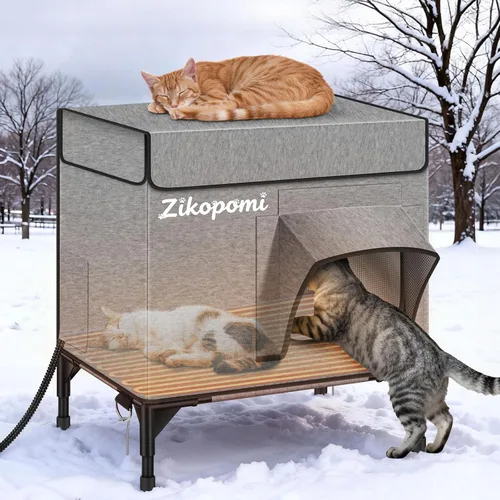 Miniatura 9 de Zikopomi Casa climatizada para gatos para exteriores con base elevada, casa para gatos al aire libre con 2 puertas de escape seguras, diseño