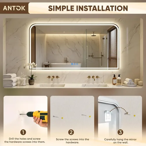 Miniatura 7 de Antok Espejo LED de baño, espejo LED con luces para baño, espejos de tocador iluminados para pared, antivaho, regulable, vidrio templado, función