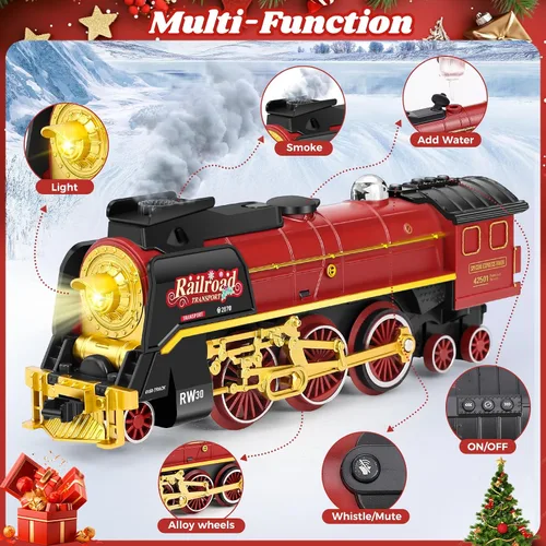 Miniatura 2 de Juego de tren de Navidad para alrededor debajo del árbol, tren eléctrico para árbol de Navidad con control remoto, sonido, humo y luz, locomotora