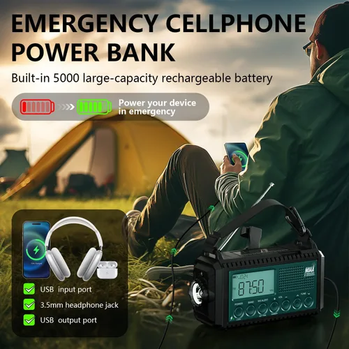 Miniatura 4 de AUTO NOAA Radio de emergencia de alerta, manivela solar portátil AM FM radio meteorológica de onda corta para supervivencia, radio a