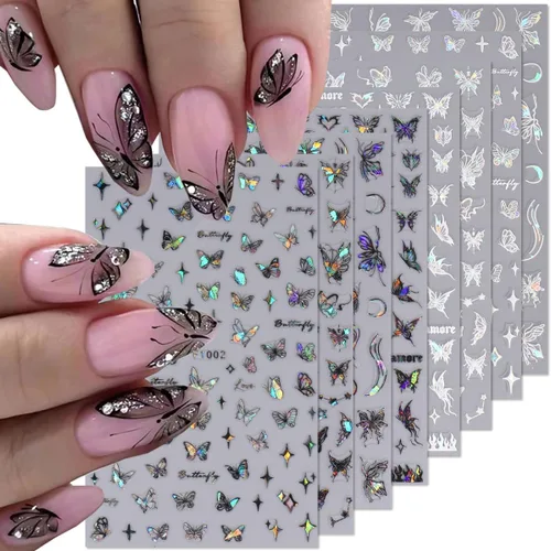 Miniatura 26 de Calcomanías de uñas de gato, 8 hojas de calcomanías autoadhesivas 3D con diseño de gato dorado, plateado, negro, blanco, para niños, niñas, mujeres