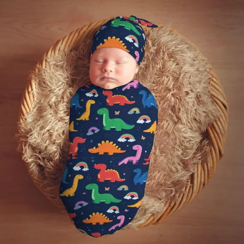 Miniatura 7 de Lindo patrón de dibujos animados de dinosaurios para recién nacido, manta para envolver con gorro, suave saco de dormir para bebé, elástico