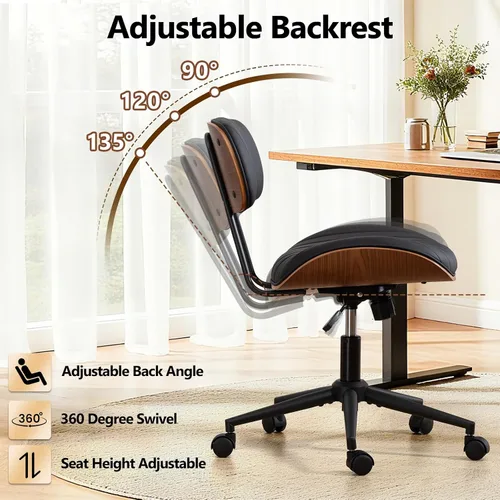 Miniatura 4 de Silla de oficina para el hogar Newnno con ruedas, silla de escritorio de altura ajustable de cuero giratoria, silla moderna sin brazos de nogal