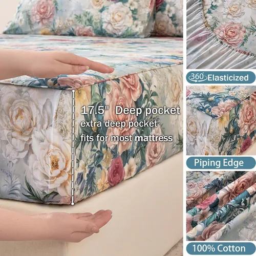 Miniatura 3 de Juego de sábanas de cama floral azul 100% algodón percal tamaño King, diseño vintage chic shabby, con patrón de peonía, ropa de cama suave y Monet