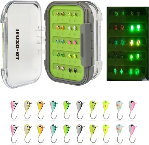 Kit de Jigs de Pesca en Hielo de Tungsteno, 3.2/4/5mm Gota Lágrima que Brillan en la Oscuridad Señuelos Jigs de Pesca en Hielo con Caja de Jigs