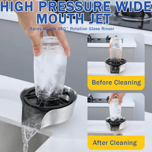 Miniatura 5 de Enjuagadora de vidrio y lavadora de tazas para fregadero, boquilla rociadora giratoria de 360° con diseño extraíble, limpiador de botellas, base