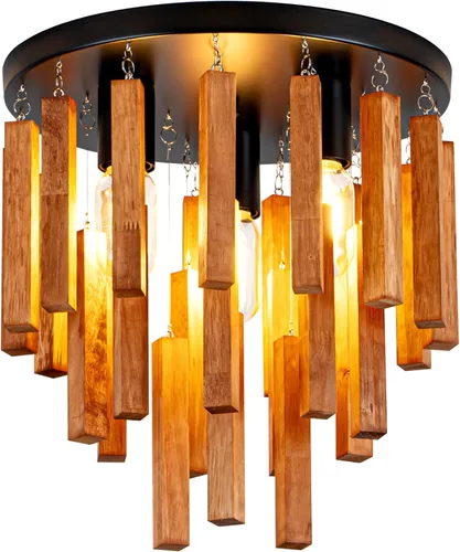 Miniatura 12 de Lámpara de Techo Estilo Granja, Lámpara de Techo Empotrada Redonda de 2 Luces con Marco de Madera y Metal, Luminaria Rústica Negra para Pasillo