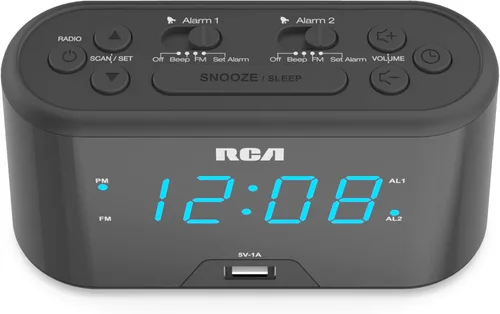 Miniatura 5 de RCA Reloj despertador portátil con sensor automático de luz nocturna, brillo ajustable, pantalla de temperatura interior, calendario completo
