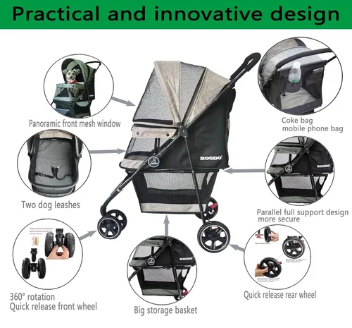 Miniatura 5 de ROODO Cochecito de 3 ruedas para perros y gatos, ligero, plegable, compacto, portátil, todo terreno, equipo de viaje, cachorro, gatito, cochecito