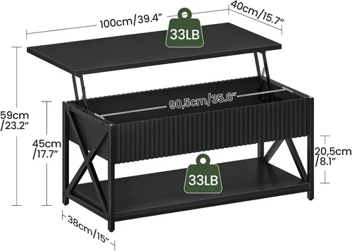 Miniatura 3 de CHOEZON Mesa auxiliar elevable de 39.4 pulgadas, mesa de centro acanalada con compartimento oculto y estante de almacenamiento, mesa elevadora