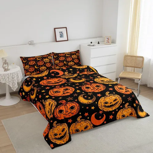 Miniatura 2 de Juego de edredón de calabaza para niños, con estampado de calabaza, estilo Halloween, juego de ropa de cama para niños, juego de ropa de cama