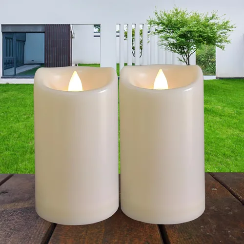 Paquete de 2 velas para exteriores con temporizador (3 x 5 pulgadas), impermeables, sin llama, parpadeantes, velas LED falsas de plástico para