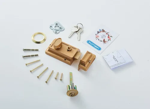 Miniatura 5 de Cerradura de borde de cerrojo de noche, cerraduras antiguas con llaves para puerta delantera, acabado dorado