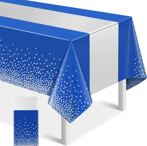 Miniatura 50 de MASHAN 1 mantel negro y azul para decoración de fiesta, mantel de plástico negro impreso azul, funda rectangular desechable para cumpleaños, boda