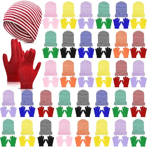 Miniatura 9 de Handepo 60 unidades de gorro y guantes de invierno para niños, sombreros de punto a granel, guantes cálidos unisex para clima frío, regalos