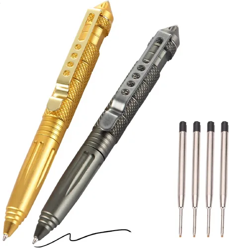Miniatura 7 de Juego de 2 bolígrafos tácticos militares con 6 repuestos negros para escribir, hechos de acero de tungsteno y aluminio (negro, paquete de 2)
