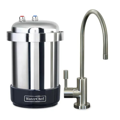 WaterChef U8500 Premium - Sistema de filtración de agua debajo del fregadero y grifo de la serie Designer (níquel cepillado), certificado NSF/ANSI