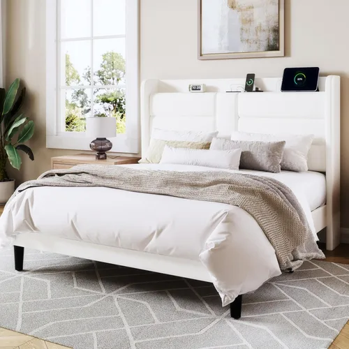 Allewie Base de cama de plataforma tamaño Queen con estación de carga y cabecera de almacenamiento, diseño tapizado de terciopelo con respaldo y