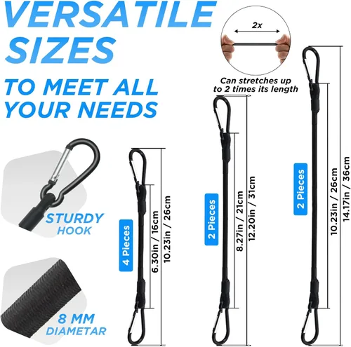 Miniatura 2 de Correas elásticas cortas con Mini SDTC Tech con mosquetones, paquete de 8 correas elásticas negras extra resistentes de 6", 8", 10" SDTC Tech