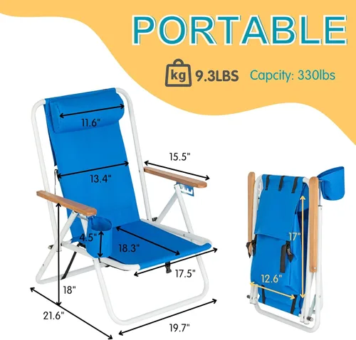 Miniatura 3 de Outvita Silla de playa plegable con reposacabezas ajustable de 4 ángulos de inclinación flexibles, con soporte para tazas, portátil, de alta Azul