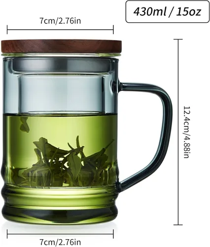 Miniatura 4 de Taza de Té de Vidrio Unbreakable con Infusor y Tapa 14.5 fl oz, Taza de Té Resistente al Calor de Vidrio Borosilicato para Té en Flor y de Hojas