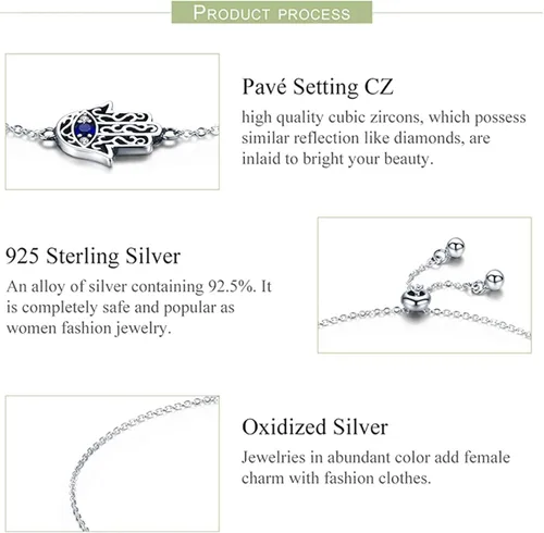 Miniatura 7 de BISAER Pulsera de mano de Fátima de mal de ojo azul real con dije de plata de ley 925 con cadena de circonita cúbica ajustable para mujer