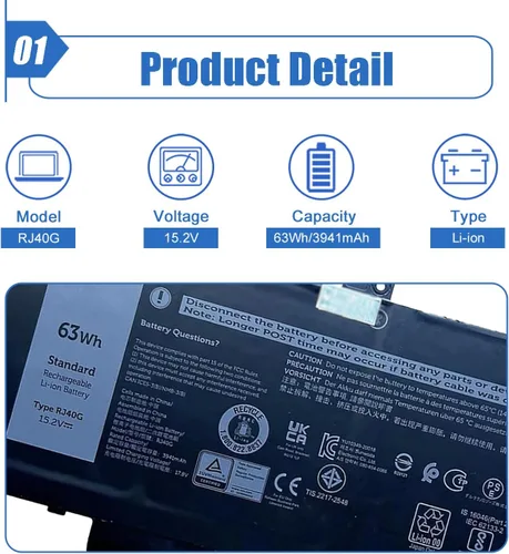 Miniatura 2 de 63Wh RJ40G - Batería para portátil de 4 celdas compatible con Dell Latitude 14 5420 Latitude 15 5520 Precision 15 3560 Series Notebook P137G