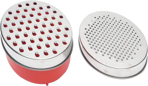 Rallador de queso con recipiente y tapa, juego de caja de rallador de acero inoxidable, 7.09 x 2.76 pulgadas, rojo, 2 cuchillas, rallador de cocina