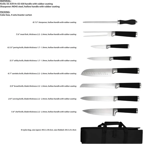 Miniatura 3 de Juego de cuchillos de cocina de 9 piezas en estuche de transporte, cuchillos de chef ultra afilados con asas ergonómicas, juego de cuchillos de chef