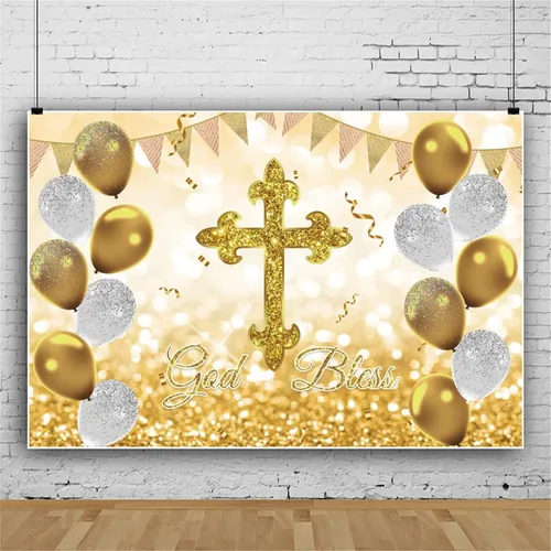 Miniatura 3 de Telón de fondo de 5 x 3 pies para fiesta de bautismo, primera comunión, fondo de bautizo, globos dorados con purpurina para baby shower, fiesta