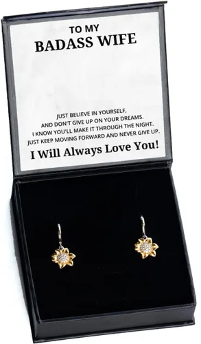 to My Badass Wife Sunflower Earrings, Just Believe in Yourself and Don't Give Up On Your Dreams, Best Birthday Gifts, Engagement Gifts, Wedding