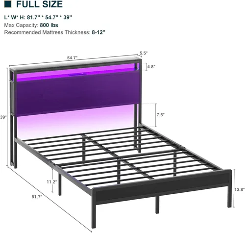 Miniatura 3 de Homieasy Armazón de Cama Full Size con Cabecero, Armazón de Cama Full de Metal Industrial con Estación de Carga y Luces LED, Cama Plataforma Sin